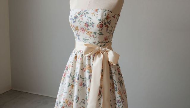 Floral strapless dress on mannequin with elegant ribbon sash