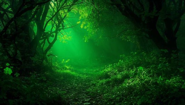 Winding mossy forest path leading into mist-shrouded sunlit glade beneath gnarled canopy