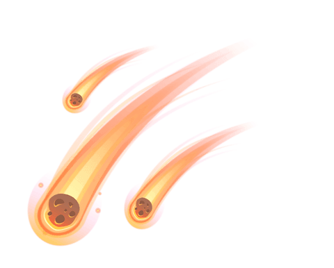 Glowing meteors with flaming trails on transparent background