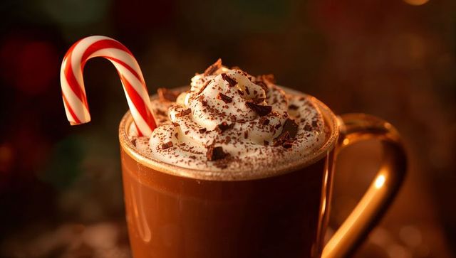 Festive holiday hot cocoa with candy cane and whipped cream
