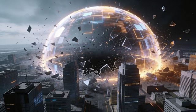 Exploding energy shield shattering into glass shards above futuristic city skyline