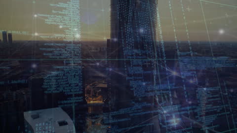 Digital Data Overlay on Urban Skyline at Sunset