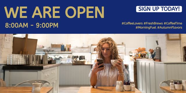 This image features a woman enjoying coffee while checking her smartphone in a cozy café. The promotional message 'WE ARE OPEN' along with the café's business hours creates an inviting and accessible atmosphere. Ideal for marketing campaigns, social media posts, and advertisements for coffee shops, cafés, and eateries emphasizing a welcoming customer environment.