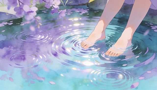 Dipping bare feet into lavender pond with wisteria petals and watercolor ripples