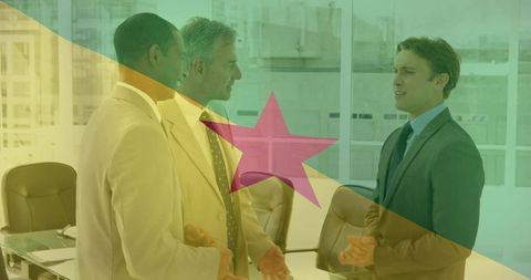 Executives discussing strategy in glass boardroom with colorful star overlay