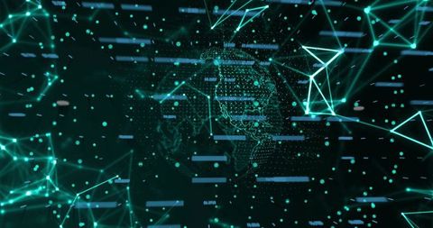 Rotating Teal Globe with Connected Nodes and Streaming Data Bars for Global Tech Network
