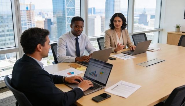 Executives discussing data and strategy in high-rise boardroom overlooking city skyline