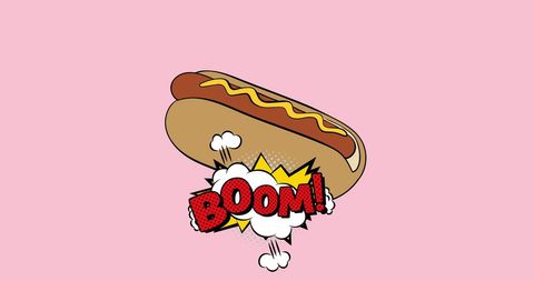 Pop art hot dog with comic book boom on pink background