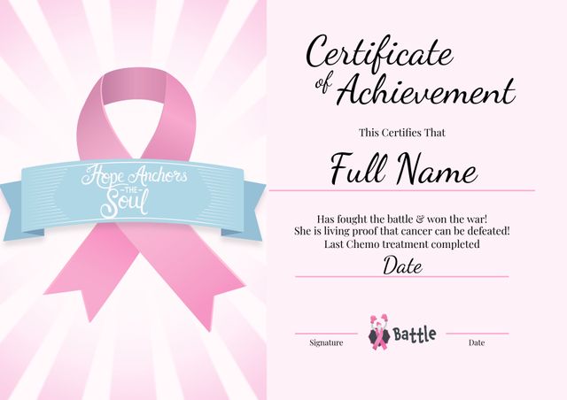 Certificate of Achievement for Completing Cancer Treatment with Pink Awareness Ribbon - Download Free Stock Templates Pikwizard.com