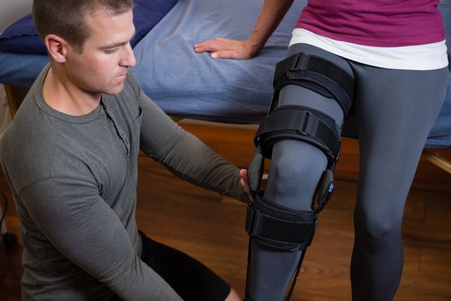 Physiotherapist adjusting knee brace on patient's leg in a clinic. Useful for illustrating medical and healthcare services, rehabilitation processes, physical therapy sessions, and orthopedic treatments. Ideal for websites, brochures, and articles related to injury recovery and wellness.