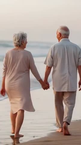 Vertical video of senior couple walking and holding hands on beach at dusk with waves