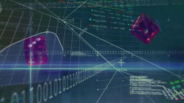 Visual representation of dice rolling over a digital data interface with binary code and financial statistics. Suitable for illustrating concepts related to gambling and casino using digital technology, betting strategies, data analysis in gaming, and financial risk assessments.