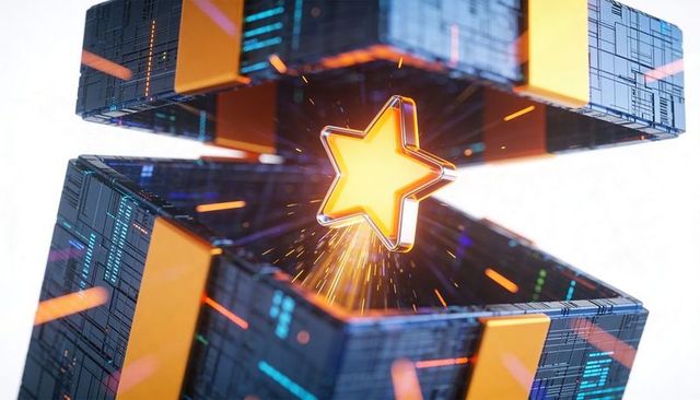 Glowing star emerging between futuristic circuit cubes with sparks and amber trim