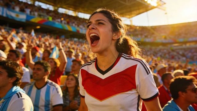 Female soccer fan shouting and cheering in stadium during golden hour wearing red chevron jersey