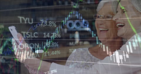 Senior Women Using Smartphone Amidst Digital Business Data Overlay