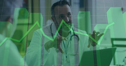 Physician explaining cardiac trend analytics to patient with green graph overlay