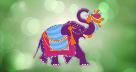 Vibrant Purple Elephant Spraying Multicolored Splashes Wearing Ornamental Blanket