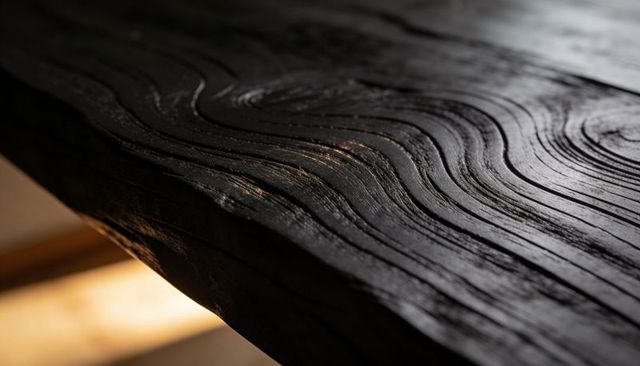 Charred wood slab showing wavy growth rings, ridged grain and burned texture