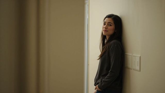Young woman leaning in narrow corridor wearing sweater and jeans, warm minimalist portrait