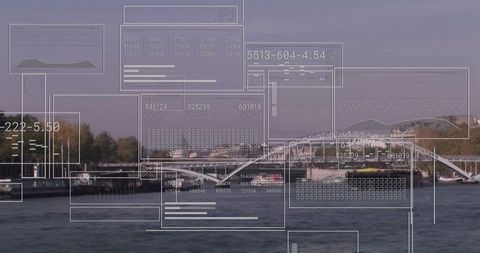 Data Visualization Over Arched Footbridge in Urban Landscape