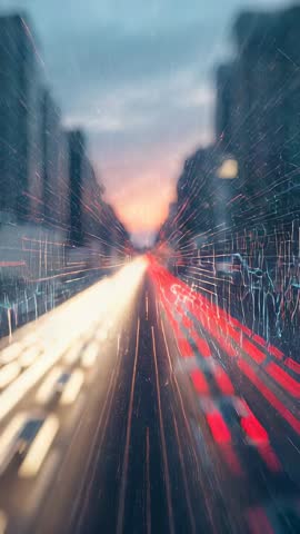 Vertical traffic light trails racing through rainy dusk cityscape with wet lens bokeh