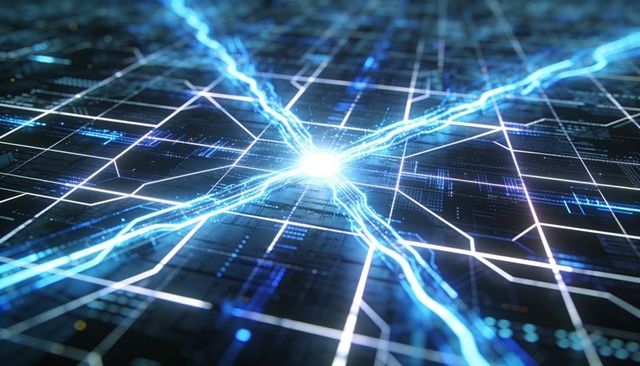 Pulsing Neon Energy Node Emitting Blue-White Data Streams Across Futuristic Circuit Grid