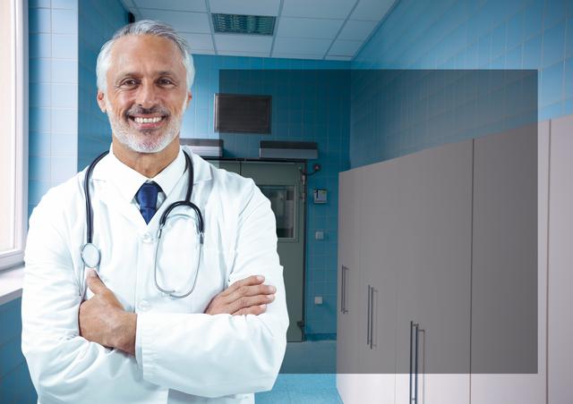 Mature male doctor standing confidently with arms crossed in hospital. He is wearing a white lab coat and a stethoscope around his neck, smiling warmly. This can be used for healthcare advertisements, medical posters, educational materials, or hospital brochures to convey professionalism, trust, and friendliness in a clinical setting.