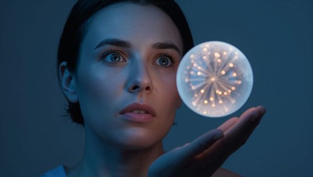 Holding glowing orb, woman gazing at floating light sphere with futuristic blue glow