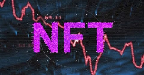 Futuristic nft text over digital market chart visualization