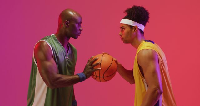 Image of two diverse male basketball players facing each other with ball on pink background. Sports and competition concept.