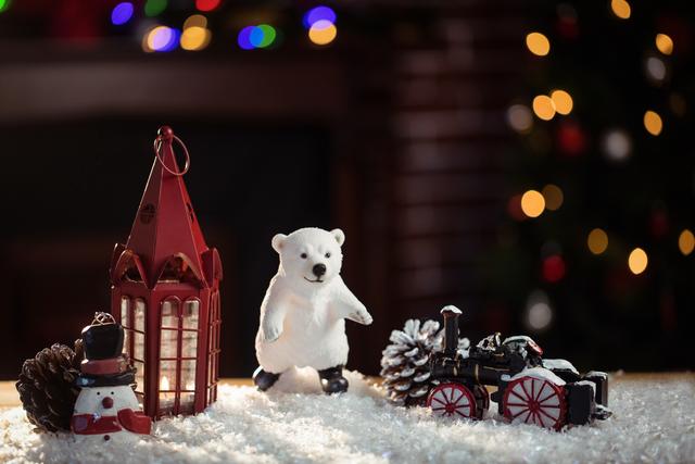 Christmas Decorations on Snow with Polar Bear and Train - Download Free Stock Photos Pikwizard.com