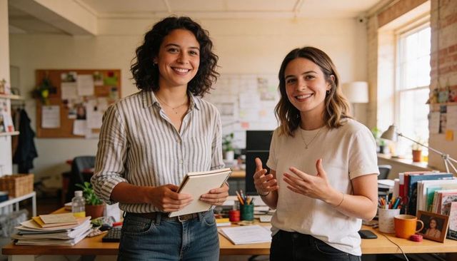 Two young women collaborating in bright open-plan office, smiling and holding notebook