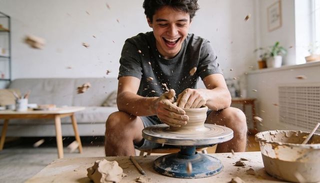 Young man joyfully shaping clay on pottery wheel in cozy living room studio, clay splatter