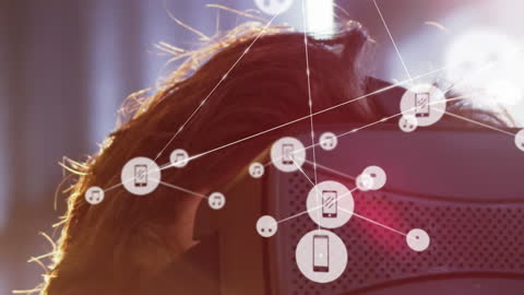 Digital Network with Woman Using VR Headset in Office