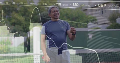 Fitness enthusiast viewing currency holograms while holding tennis racket