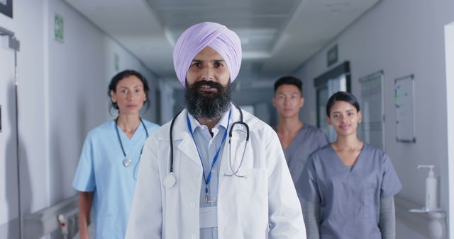 A diverse group of medical professionals, including doctors and nurses, walking confidently down a hospital corridor. They exhibit unity and teamwork, symbolizing collaborative healthcare. Ideal for healthcare promotion, team building, diversity in the workplace, medical training, and hospital advertisements.