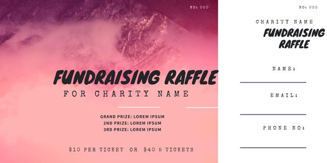 Vibrant fundraising raffle ticket template featuring a striking design. Perfect for charity events and fundraisers. Customize with event details, prizes, and contact information. Ideal for encouraging community participation and support for local causes.