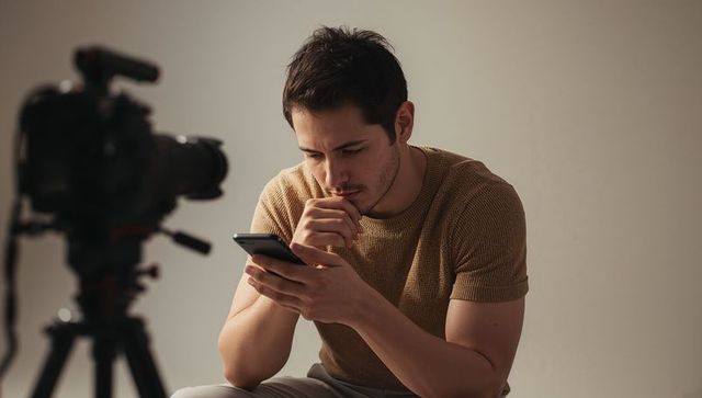 Content creator reviewing smartphone and preparing to record with dslr in minimal studio