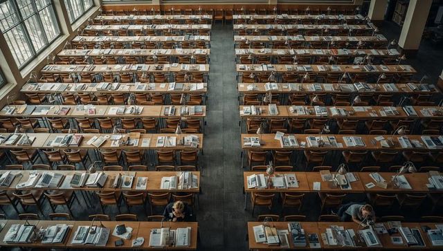 Students studying in sunlit library hall with long wooden study tables and desk lamps