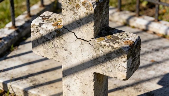 Weathered limestone cemetery cross showing cracks and lichen with railing shadows