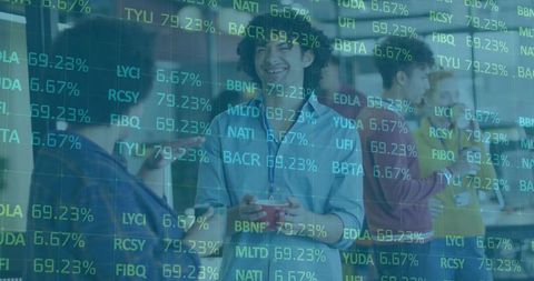 Coworkers Socializing with Financial Display Overlay in Modern Office