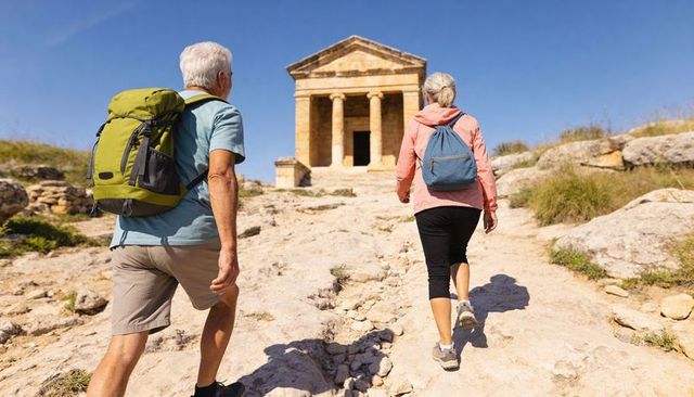 Senior couple hiking to ancient hilltop temple ruins for active retirement adventure