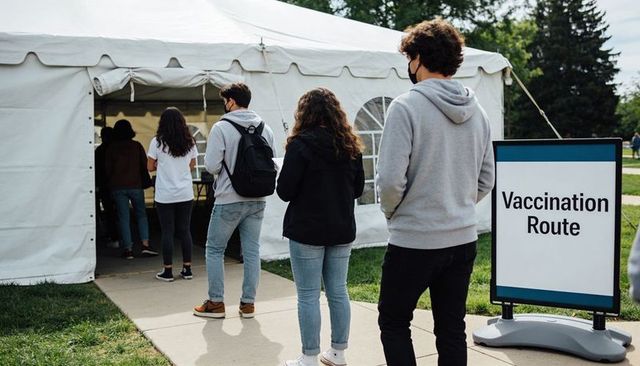Masked young adults waiting for outdoor vaccination tent with vaccination route sign