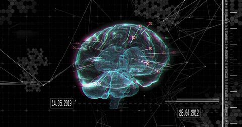 Futuristic Neon Brain Wireframe with Data Nodes and Analytics