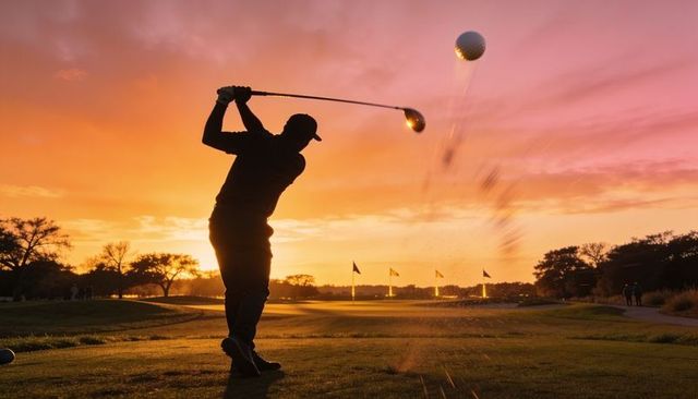 Silhouette golfer hitting powerful tee shot at sunset, driver follow-through over fairway