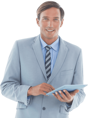 Happy businessman engaging with tablet, corporate setting, transparent