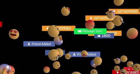 Emojis and social media notifications on black background