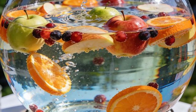 Floating citrus and apples in sparkling glass bowl with berries for summer drink display