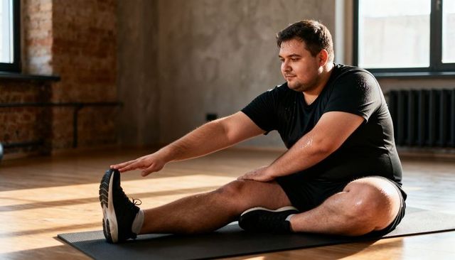 Plus-size man stretching hamstring on mat in sunlit industrial fitness studio
