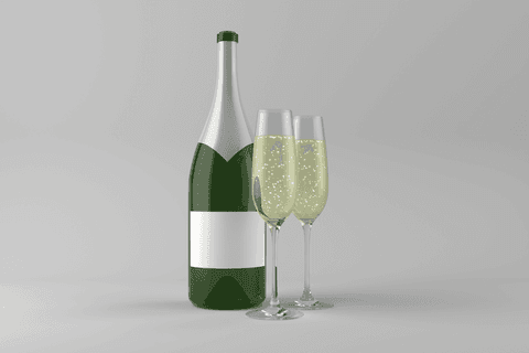 Transparent Champagne Bottle with Glasses on Blank Background
